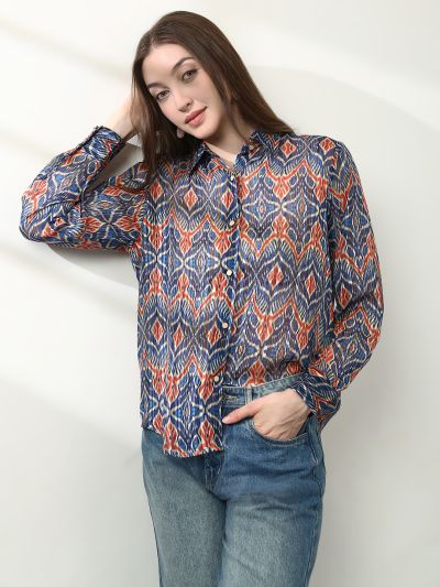 Globus Women Blue Spread Collar Ethnic Print Lurex Details Cuffed Sleeves Relaxed Fit Satin Party Shirt 