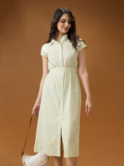 Globus Women Green Collared Neck Extended Sleeves Striped Midi Workwear Shirt Dress With Belt