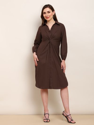 Globus Women Brown Collared Neck Bishop Sleeves Curved Hem Twist Knot Detail Midi Workwear Shirt Style Dress