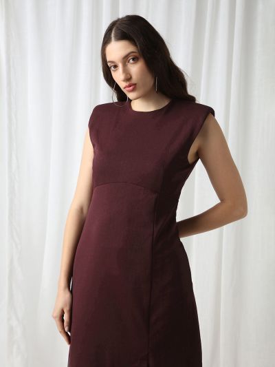 Globus Women Wine Round Neck Shoulder Pads Self Design Mini Workwear Sheath Dress