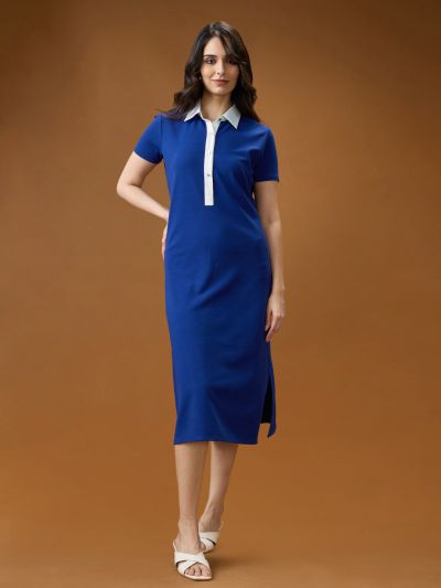 Globus Women Blue Collared Neck Short Sleeves Solid Side Slits Midi Workwear Shirt Dress