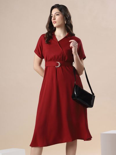 Globus Women Maroon V-Neck Extended Sleeve Belted Detail Fit & Flare Work Wear Midi Dress