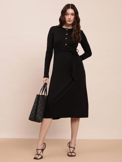 Globus Women Black Self-Design Rib Round Neck Long Sleeves Belted A-Line Midi Dress