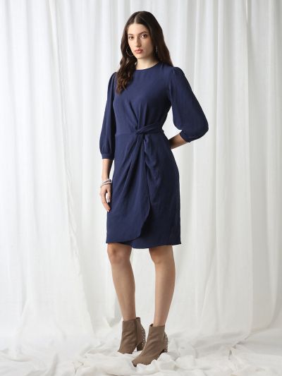 Globus Women Blue Round Neck Puff Sleeves Self Design Twisted Detail Mini Workwear Sheath Dress