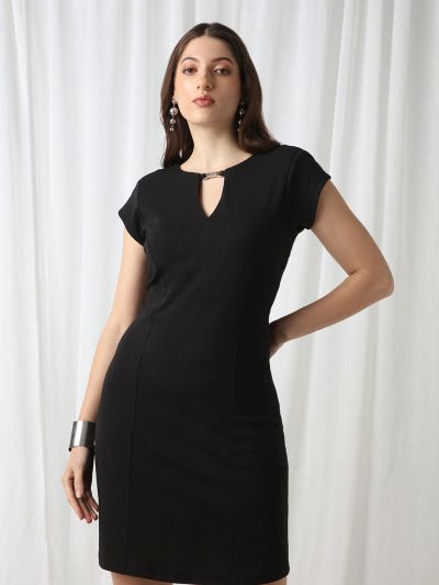 Globus Women Black Round Neck Short Sleeves Self Design Buckle Detail Mini Workwear Sheath Dress
