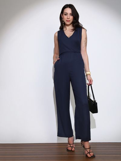 Globus Women Navy Blue Wrap Neck Sleeveless Tie-Up Back Solid Wide Leg Workwear Jumpsuit