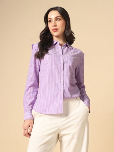 Globus Women Lavender Collared Neck Cuffed Sleeves Vertical Stripes Curved Hem Straight Fit Workwear Shirt