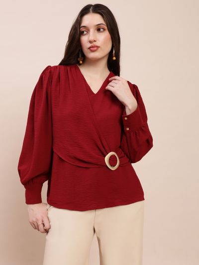 Globus Women Maroon V-Neck Cuff Sleeves Self Design Buckle Detail Workwear Top
