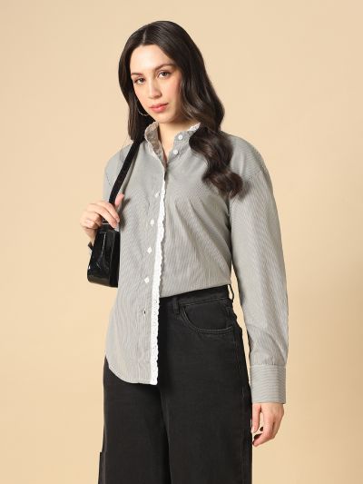 Globus Women Black Mandarin Collar Cuffed Sleeves Vertical Stripes Lace Insert Curved Hem Oversized Workwear Shirt