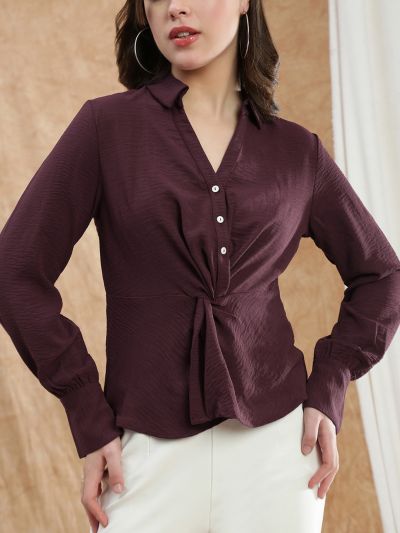 Globus Women Maroon Spread Collar Cuffed Sleeve Twisted Detail Formal Shirt