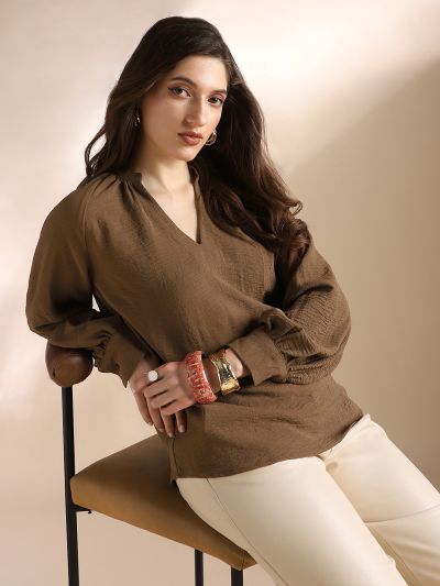 Globus Women Brown Mandarin Neck Raglan Cuffed Sleeves Self Design Gathered Detail Workwear Top