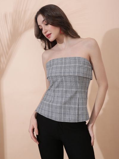 Globus Women Black Checkered Self Design Off Shoulder Back Tie-Up Tube Top