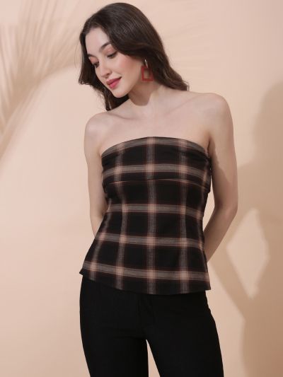 Globus Women Multi Checkered Self Design Off Shoulder Back Tie-Up Tube Top
