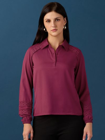 Globus Women Pink Collared Neck Bishop Sleeves Lace Insert Detail Shirt Style Top
