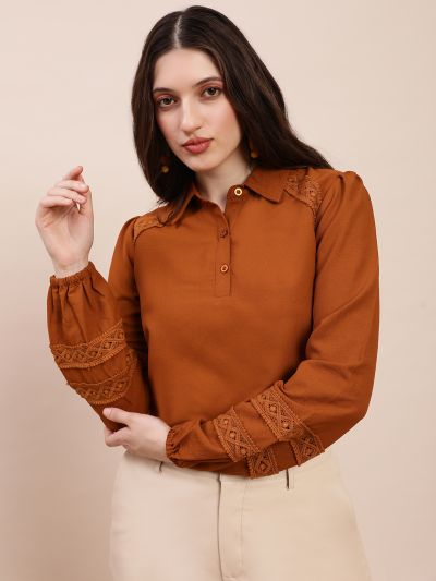 Globus Women Brown Collared Neck Bishop Sleeves Lace Inserts Shirt Style Workwear Top