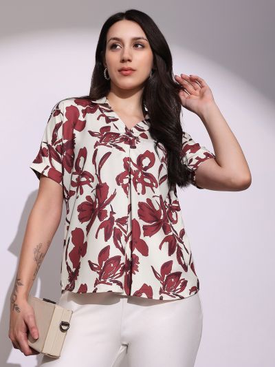 Globus Women Red Floral Print Collared V-Neck Short Sleeves Gathered & Pleat Detail Curved Hem Top
