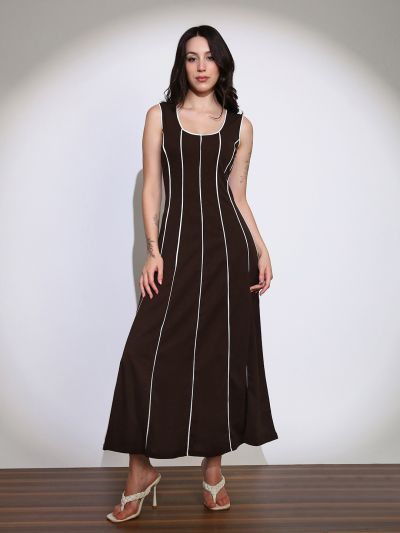Globus Women Brown Scoop Neck Stripes Design Flared Hem A-Line Maxi Dress