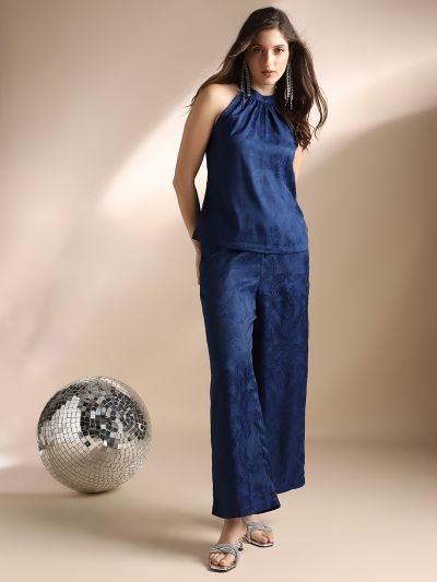 Globus Women Blue Halter Neck Self Design Sleeveless Top & Trousers Party Co-Ord Set
