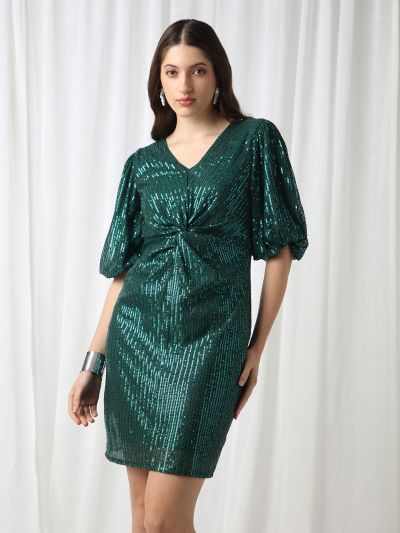 Globus Women Green V-Neck Puff Sleeves Embellished Twisted Detail Mini Bodycon Party Dress