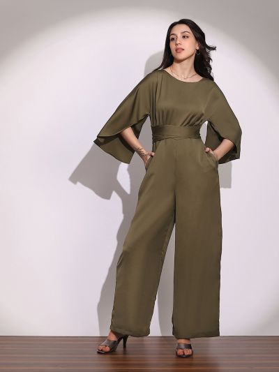 Globus Women Brown Boat Neck Cape Sleeves Criss Cross Waist Tie-Up Detail Sheen Party Jumpsuit