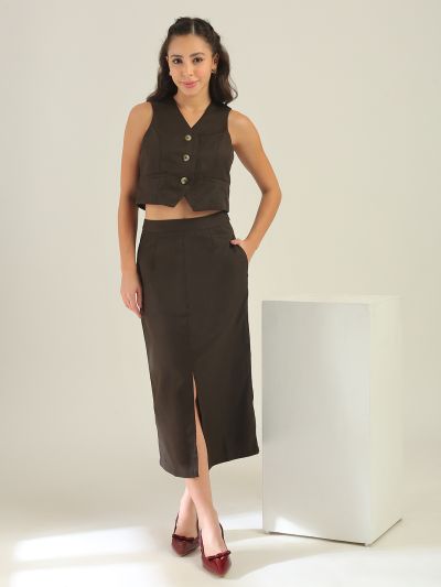 Globus Women Brown V-Neck Solid Cropped Waistcoat With Front Slit Midi Skirt Workwear Co-Ord Set