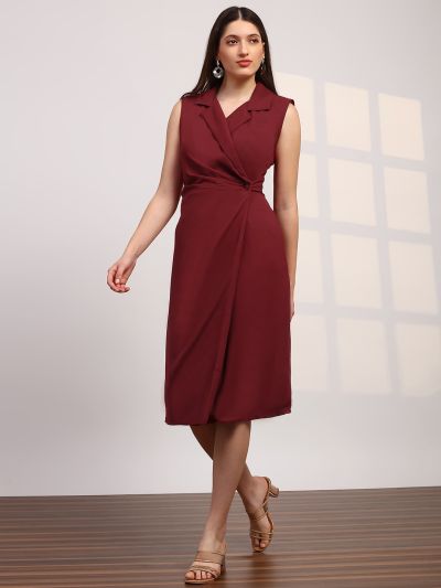 Globus Women Maroon Notch Lapel Pleated Detail Midi Workwear Blazer Dress