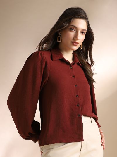 Globus Women Maroon Self Design Collared Neck Puff Sleeves Workwear Shirt