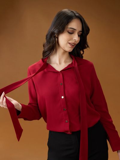 Globus Women Red Collared Neck Tie Detail Cuff Sleeves Party Shirt