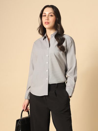 Globus Women Black Collared Neck Cuffed Sleeves Multi Stripes Curved Hem Oversized Workwear Shirt