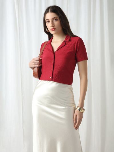 Globus Women Maroon Cuban Collar Short Sleeves Self Design Slim Fit Workwear Top
