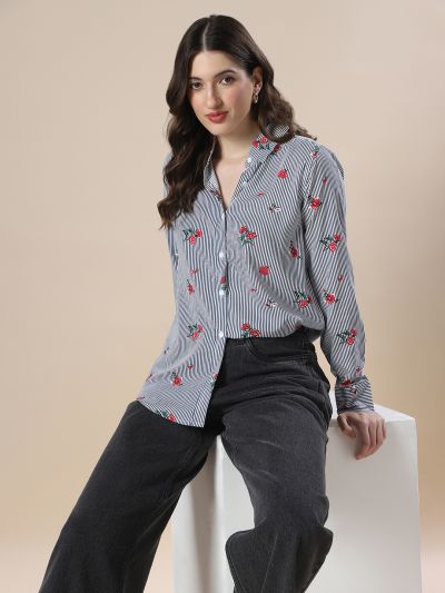 Globus Women Blue Striped Floral Print Spread Collar Cuffed Sleeves Relaxed Fit Workwear Shirt