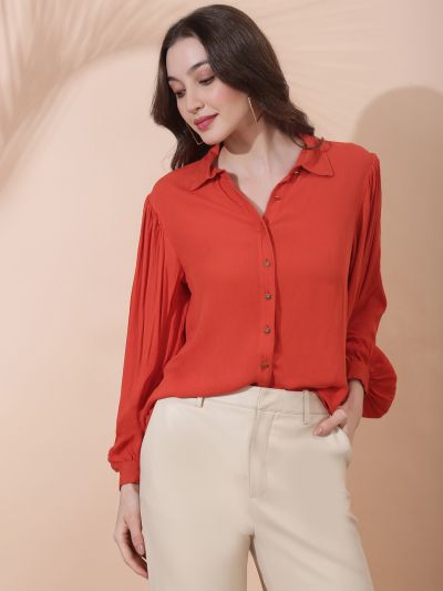 Globus Women Rust Collared Neck Bishop Sleeves Casual Shirt