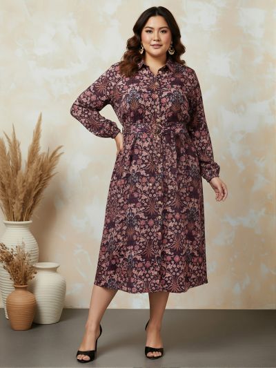 Globus Gloplus Women Brown Collared Neck Bishop Sleeves Floral Print Pleated Midi Shirt Style Plus Size Dress With Buckle Detail Belt