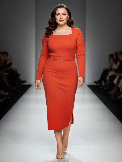 Globus Gloplus Women Rust Square Neck Full Sleeves Belted Side Slit Plus Size Midi Bodycon Dress