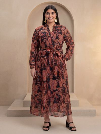 Globus Gloplus Women Multi Colour Paisley Print Mandrin Collar Raglan Sleeves Belted Lurex Detail Fit & Flare Plus Size Maxi Dress