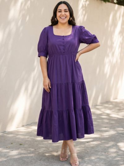 Globus Gloplus Women Purple Square Neck Puff Sleeve Fit and Flare Tiered Maxi Plus Size Dress