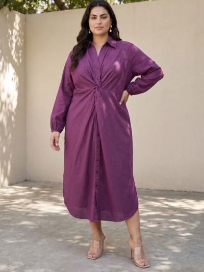 Globus Gloplus Women Burgundy Collared Neck Puff Sleeve Front Twisted Midi Plus Size Dress