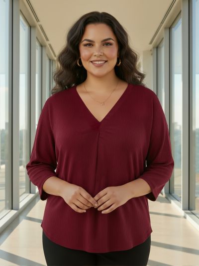 Globus Gloplus Women Maroon V-Neck Self Design Curved Hem Plus Size Workwear Top