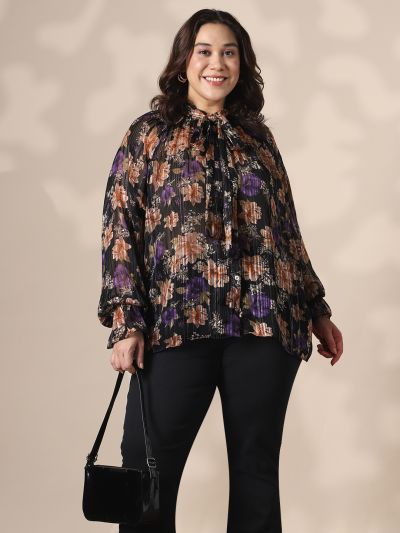 Globus Gloplus Women Black Tie-Up Neck Raglan Sleeves Self Design Floral Print Georgette Plus Size Shirt Style Top