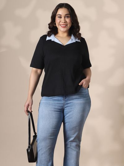 Globus Gloplus Black Collared Neck Ribbed Plus Size Top