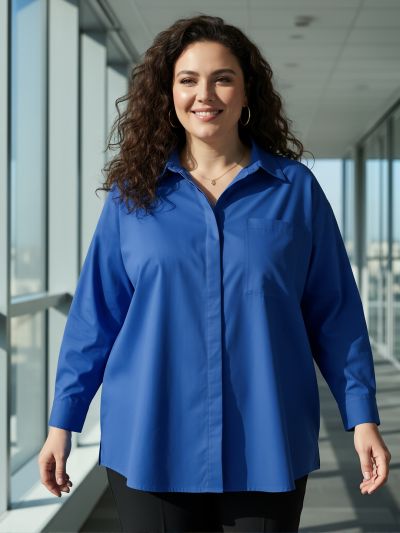 Globus Gloplus Women Blue Collared Neck Cuffed Sleeves Chest Pocket Solid Curved Hem Oversized Plus Size Workwear Shirt
