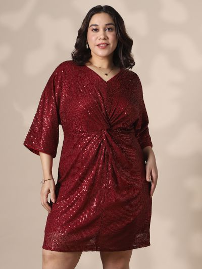 Globus Gloplus Women Maroon V-Neck Extended Sleeves Twisted Detail Sequinned Mini Sheath Plus size Party Dress