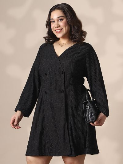 Globus Gloplus Black Self Design Wrap V-Neck Double Breasted Shimmer A-Line Plus Size Mini Dress