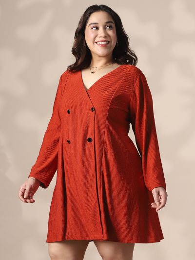Globus Gloplus Maroon Self Design Wrap V-Neck Double Breasted Shimmer A-Line Plus Size Mini Dress