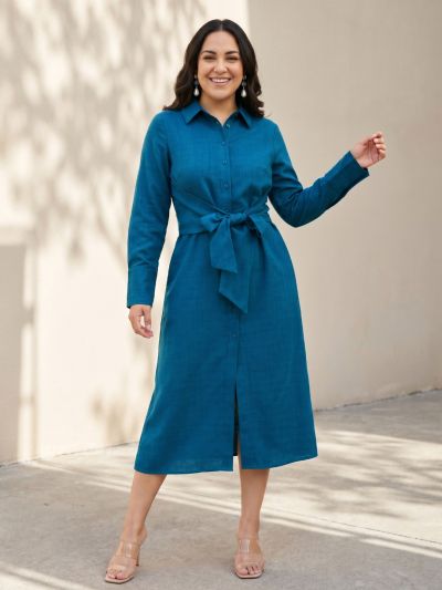 Globus Gloplus Women Teal Collared Neck Cuffed Sleeve Front Tie-Up Geometric Textured Polyester Fit and Flare Midi Plus Size Dress
