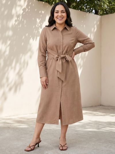 Globus Gloplus Women Brown Collared Neck Cuffed Sleeve Front Tie-Up Geometric Textured Polyester Fit and Flare Midi Plus Size Dress