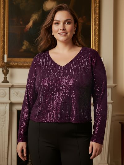 Globus Gloplus Women Purple V-Neck Long Sleeves Sequinned Plus Size Party Top