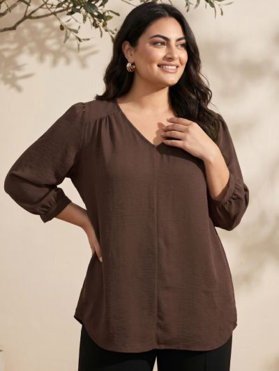 Globus Gloplus Women Brown Self Design V-Neck Gathered Detail Plus Size Workwear Top