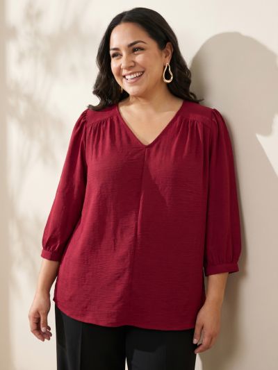 Globus Gloplus Women Maroon Self Design V-Neck Gathered Detail Plus Size Workwear Top