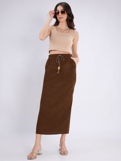 Globus Women Brown Self Design Mid-Rise Tassel Drawstring Waist Back Slit Midi Straight Skirt